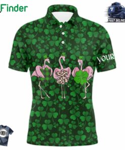 Funny Mens Golf Polo Shirt Green Clover St Patrick Day Background Custom Name Flamingo Golf Friends