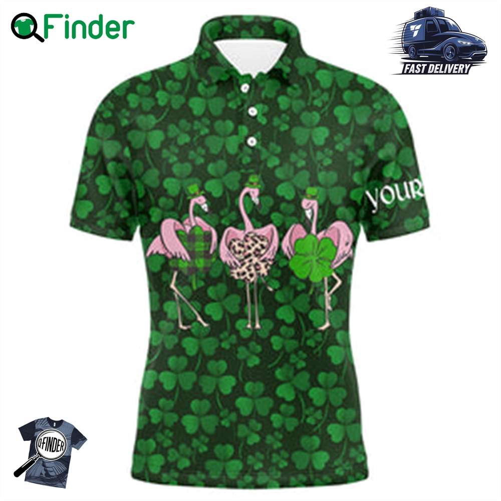 Funny Mens Golf Polo Shirt Green Clover St Patrick Day Background Custom Name Flamingo Golf Friends Funny Mens Golf Polo Shirt Green Clover St Patrick Day Background Custom Name Flamingo Golf Friends