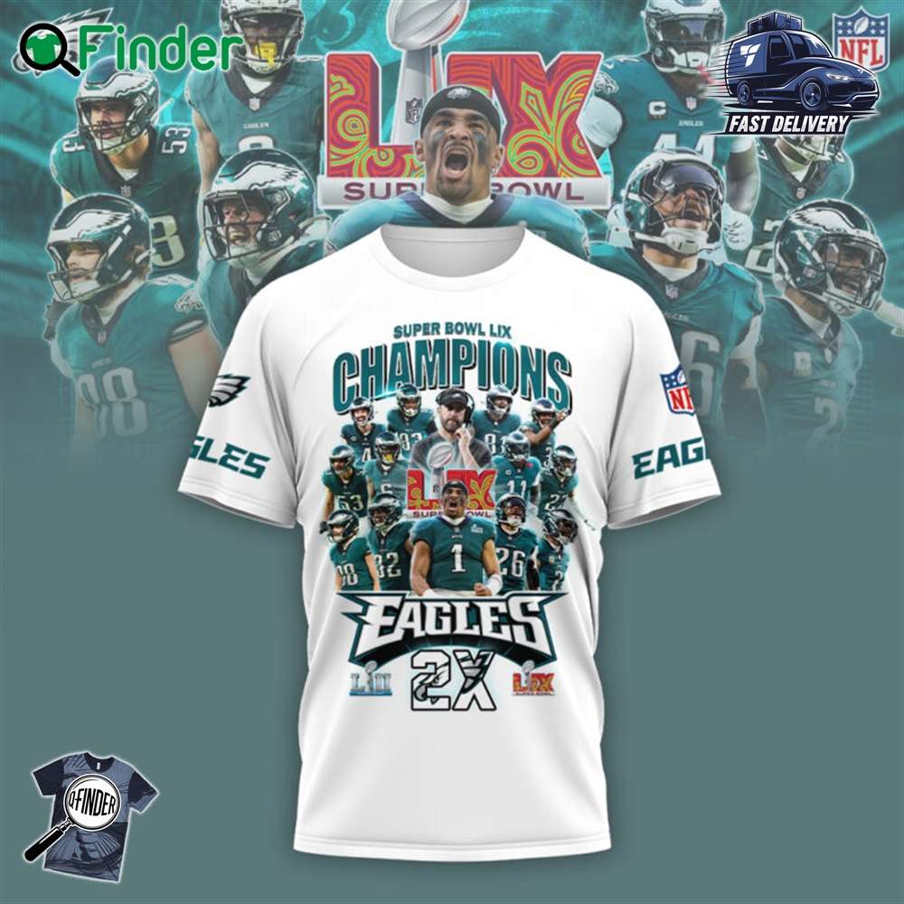 Philadelphia Eagles 2x Super Bowl Lix Champions T shirt Sweatshirt Hoodie White Philadelphia Eagles 2x Super Bowl Lix Champions T-shirt Sweatshirt Hoodie - White