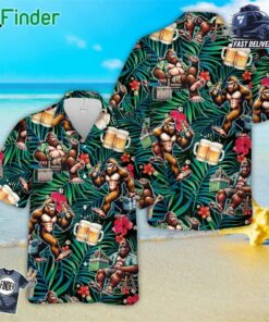 Tropical Hibiscus Bigfoot And Beer Hawaiian Shirt For Men Women Sasquatch Drinking Beer Button Up Shirt