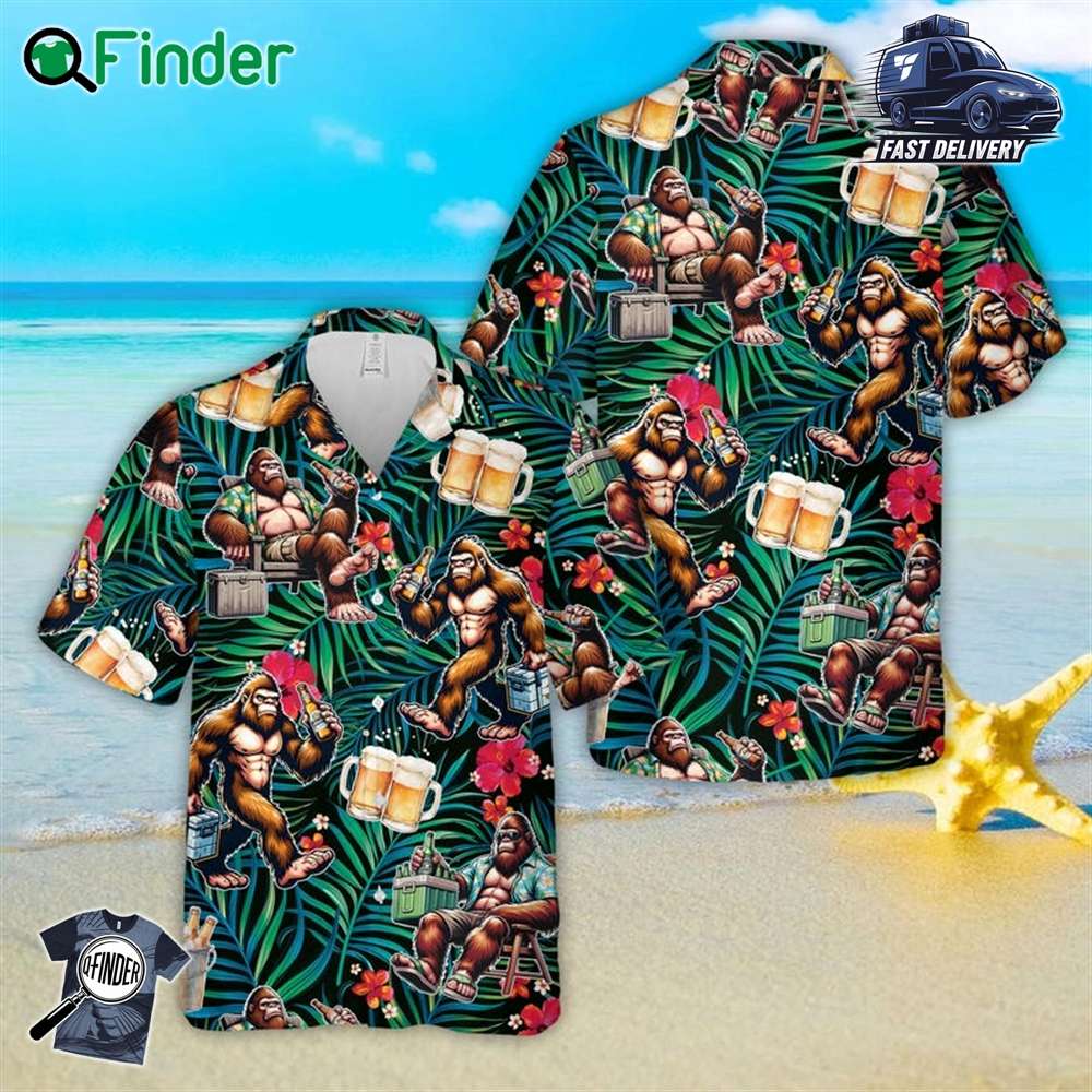 Tropical Hibiscus Bigfoot And Beer Hawaiian Shirt For Men Women Sasquatch Drinking Beer Button Up Shirt Tropical Hibiscus Bigfoot And Beer Hawaiian Shirt For Men Women Sasquatch Drinking Beer Button Up Shirt