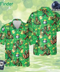 St Patrick's Day Bigfoot Hawaiian Shirt Sasquatch Beer Leprechaun Hat St Pattys Day Button Up Shirt