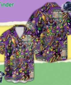 Mardi Gras Mask Bigfoot Hawaiian Shirt Funny Bigfoot Sasquatch Mardi Gras Festival Costume Button Up Shirt