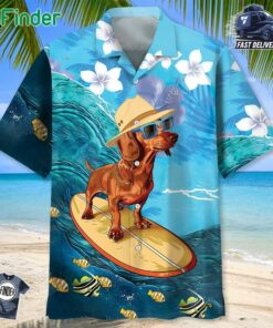 Funny Dachshund Surfing Hibiscus Hawaiian Shirt