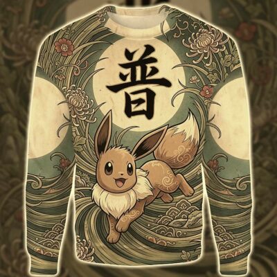 Anime PKM Eevee Japanese Kanji Aesthetic All Over Printed Sweatshirt Hoodie Zip