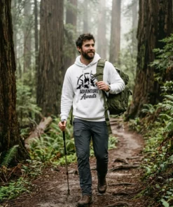 adventure awaits vinyl decal white hoodie forest