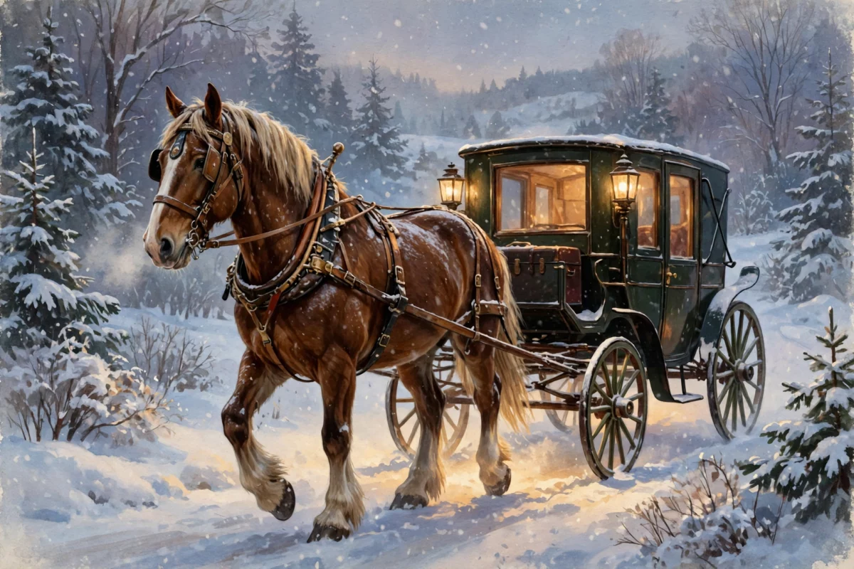 Draft horse pulling a vintage carriage through a snowy winter landscape at dusk — holiday editorial illustration