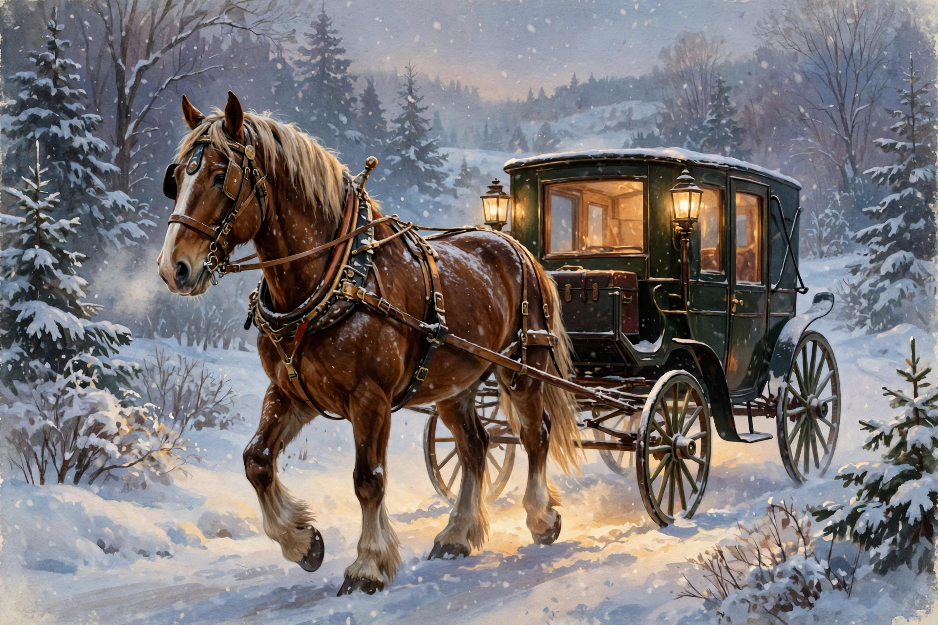 Draft horse pulling a vintage carriage through a snowy winter landscape at dusk — holiday editorial illustration