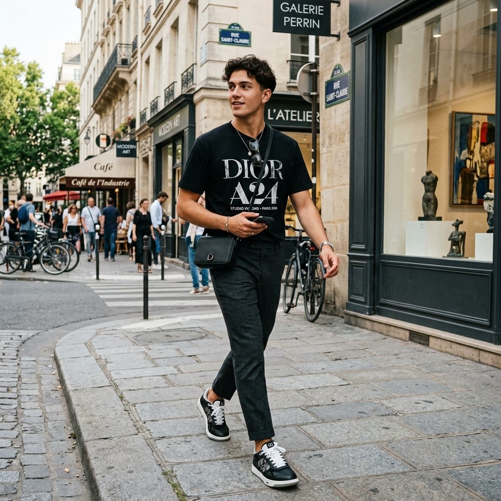 Model wearing Dior A24 shirt in Paris gallery district
