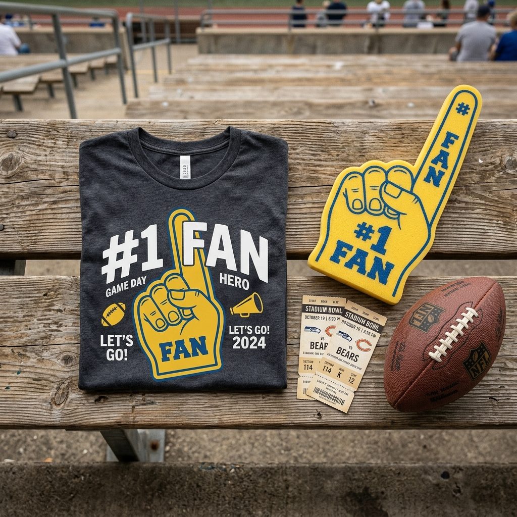 Folded sports graphic t-shirt with a humorous foam finger #1 FAN graphic print on bleachers