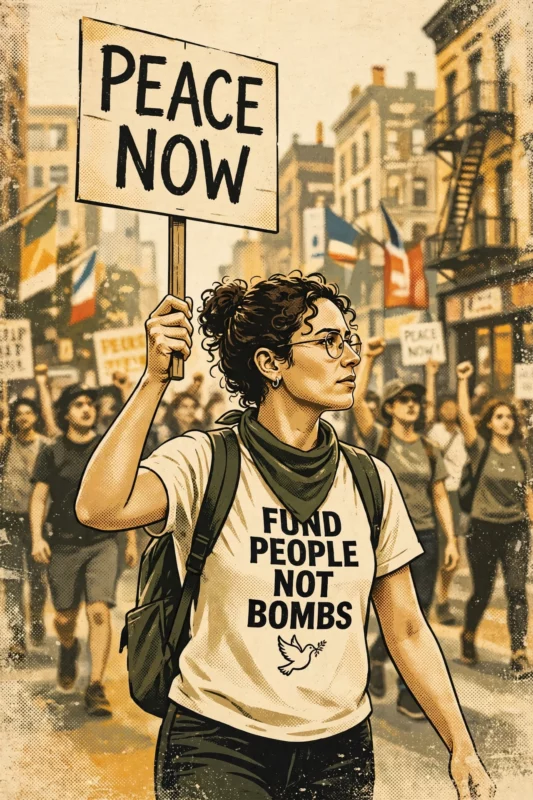 Editorial illustration of a protester wearing a cream t-shirt reading FUND PEOPLE NOT BOMBS with a small dove graphic, marching at a street protest