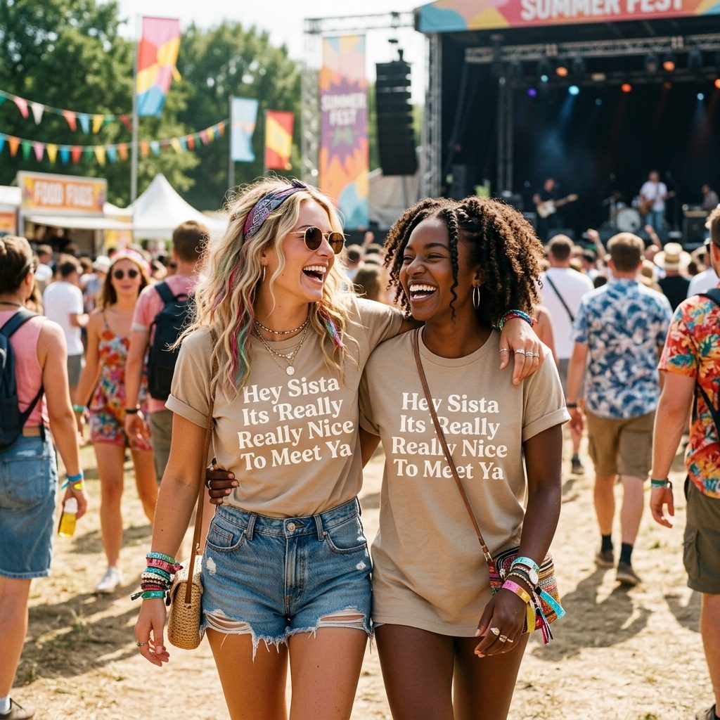Best friends wearing matching Hey Sista graphic tees at music festival