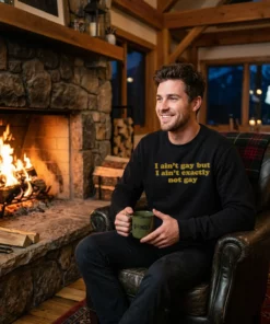i ain t gay but i ain t exactly not gay black sweatshirt stone fireplace