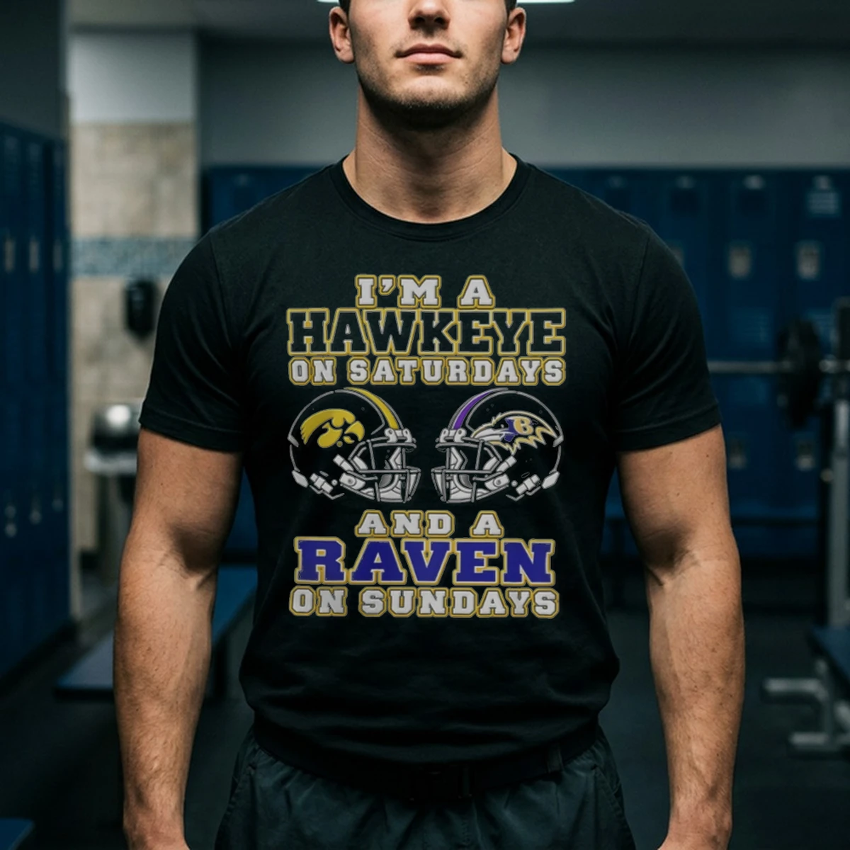 i m a iowa hawkeyes on saturdays and a baltimore ravens on su tshirt black male3 i m a iowa hawkeyes on saturdays and a baltimore ravens on su tshirt black male3