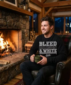 mississippi state bleed maroon and white black sweatshirt stone fireplace