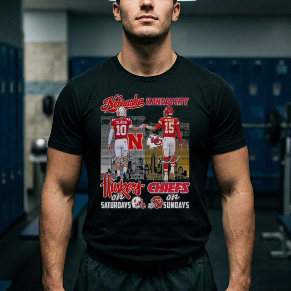 nebraska huskers on saturdays and kansas chiefs on sundays tshirt black male3 nebraska huskers on saturdays and kansas chiefs on sundays tshirt black male3