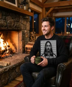 not all heroes wear capes mugshot booking black sweatshirt stone fireplace