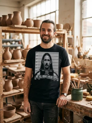 not all heroes wear capes mugshot booking black tshirt pottery studio