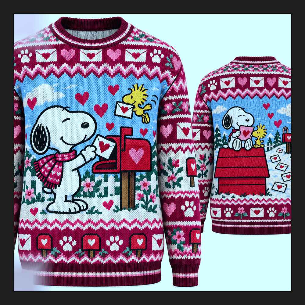 Peanuts Snoopy Woodstock Love Letters Valentine Ugly Christmas Sweater - Design Preview