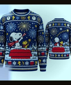 peanuts snoopy woodstock midnight fireworks ugly christmas sweater 1