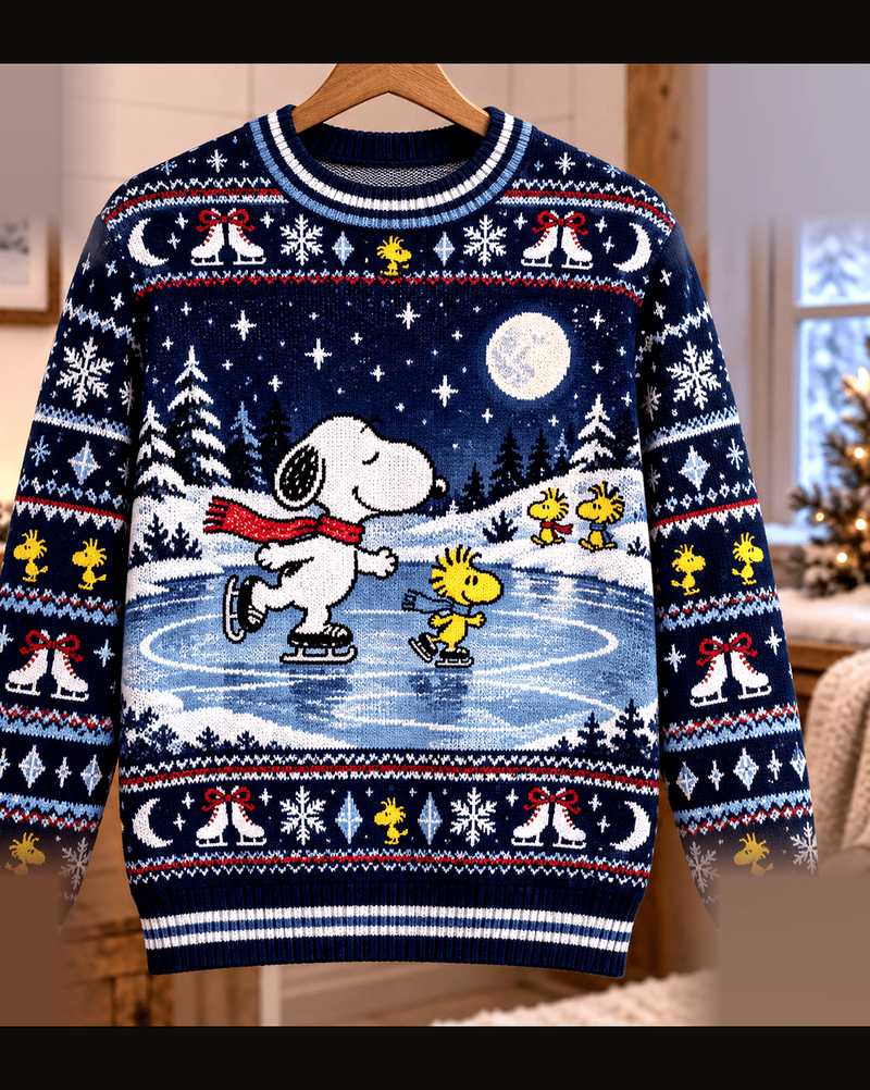Peanuts Snoopy Woodstock Moonlit Ice Skating Ugly Christmas Sweater - Design Preview