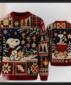 peanuts snoopy woodstock starlight patchwork ugly christmas sweater 1