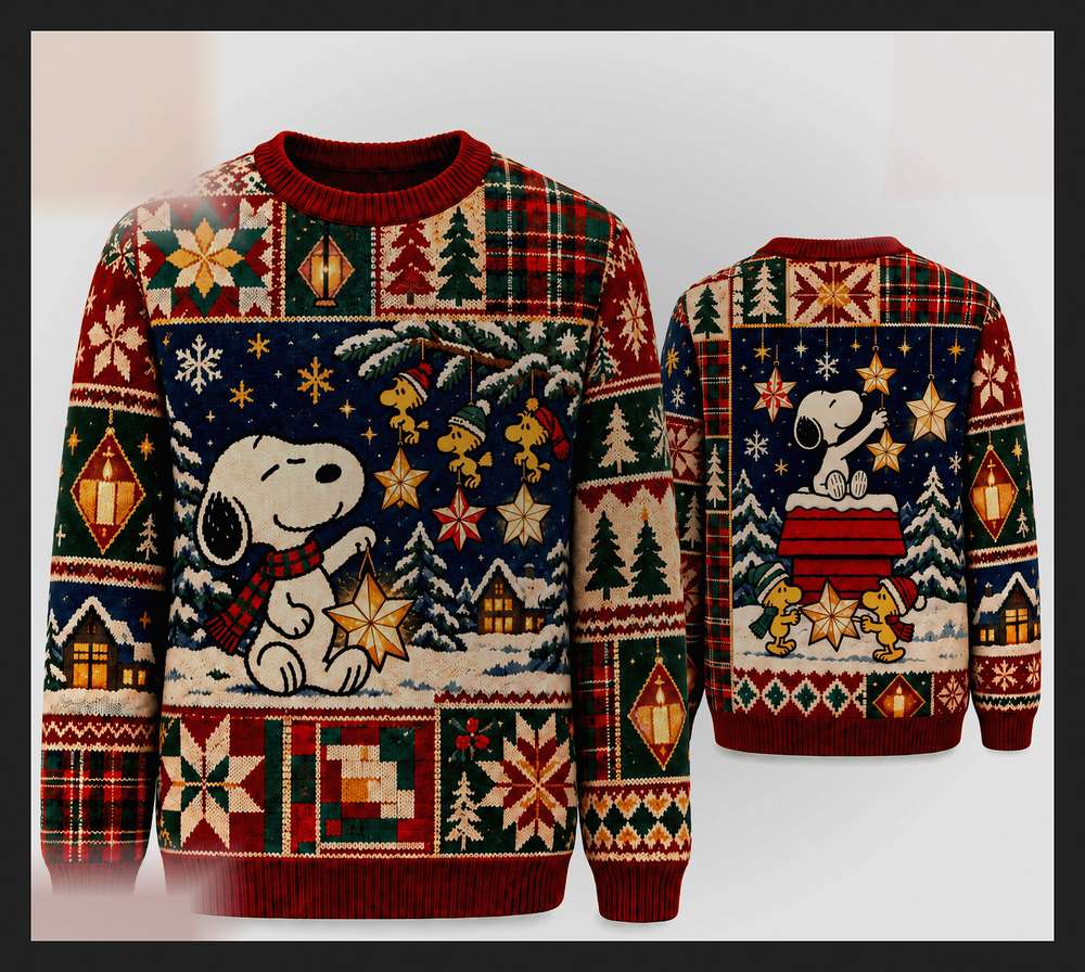 Peanuts Snoopy Woodstock Starlight Patchwork Ugly Christmas Sweater - Design Preview