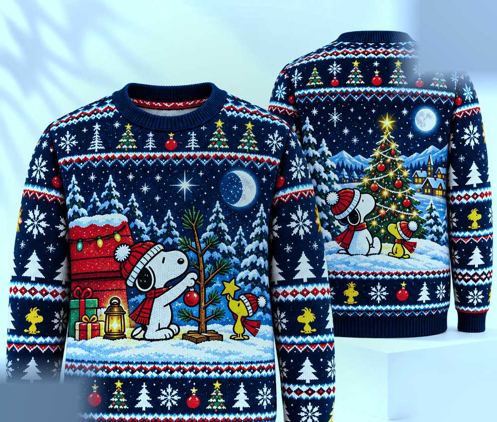 Peanuts Snoopy Woodstock Starlit Christmas Tree Ugly Christmas Sweater - Design Preview