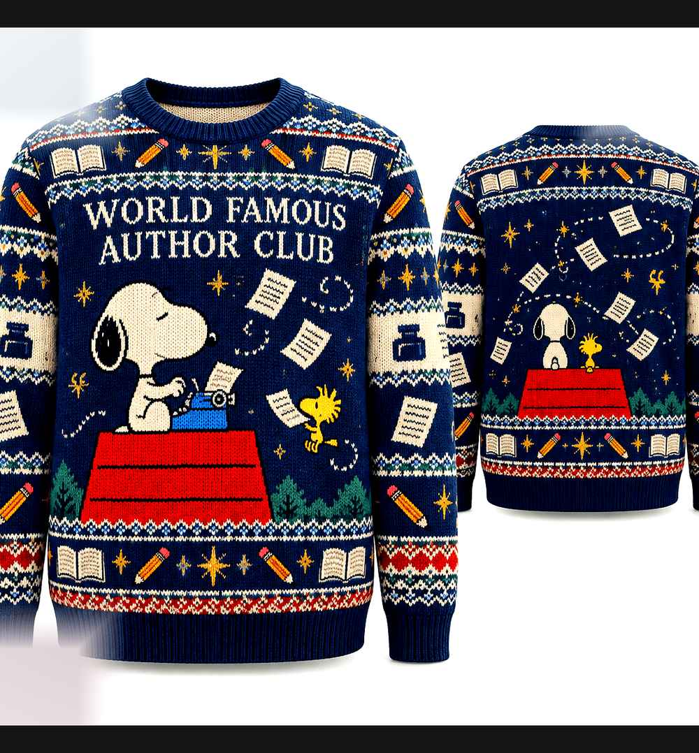 Peanuts Snoopy Woodstock World Famous Author Ugly Christmas Sweater - Design Preview