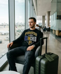 pittsburgh pirates mlb clinched 2026 baseball logo black sweatshirt airport lounge