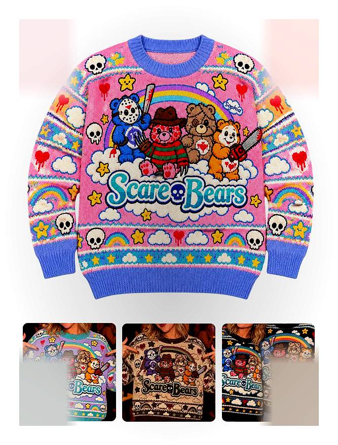 scare bears horror icons parody ugly christmas sweater 3 scare bears horror icons parody ugly christmas sweater 3