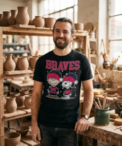 snoopy and charlie brown wear atlanta braves mlb holiday ch black tshirt pottery studio