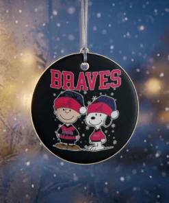 snoopy and charlie brown wear atlanta braves mlb holiday christmas 2025 ornament