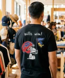 snoopy woodstock buffalo bills nfl win shout cartoon tshirt black male back