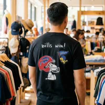 snoopy woodstock buffalo bills nfl win shout cartoon tshirt black male back