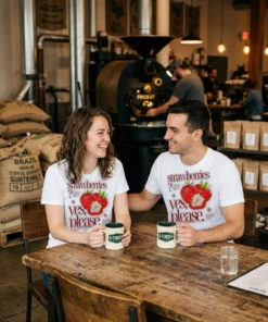 strawberries yes please sweet vibes and fresh moments white tshirt roastery couple