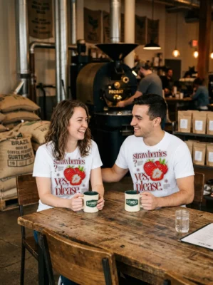strawberries yes please sweet vibes and fresh moments white tshirt roastery couple