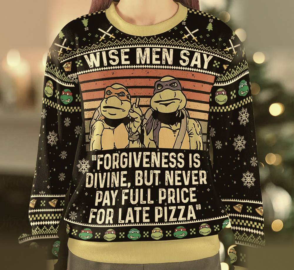 TMNT Ninja Turtles Forgiveness Is Divine Late Pizza Ugly Christmas Sweatshirt - Design Preview