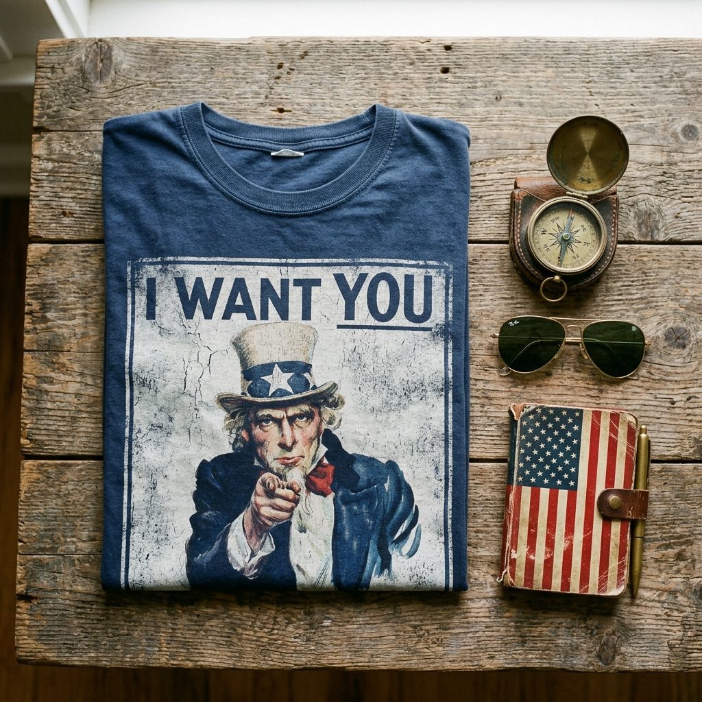 Folded vintage washed navy t-shirt showing Uncle Sam's iconic pointing poster graphic on a wood table