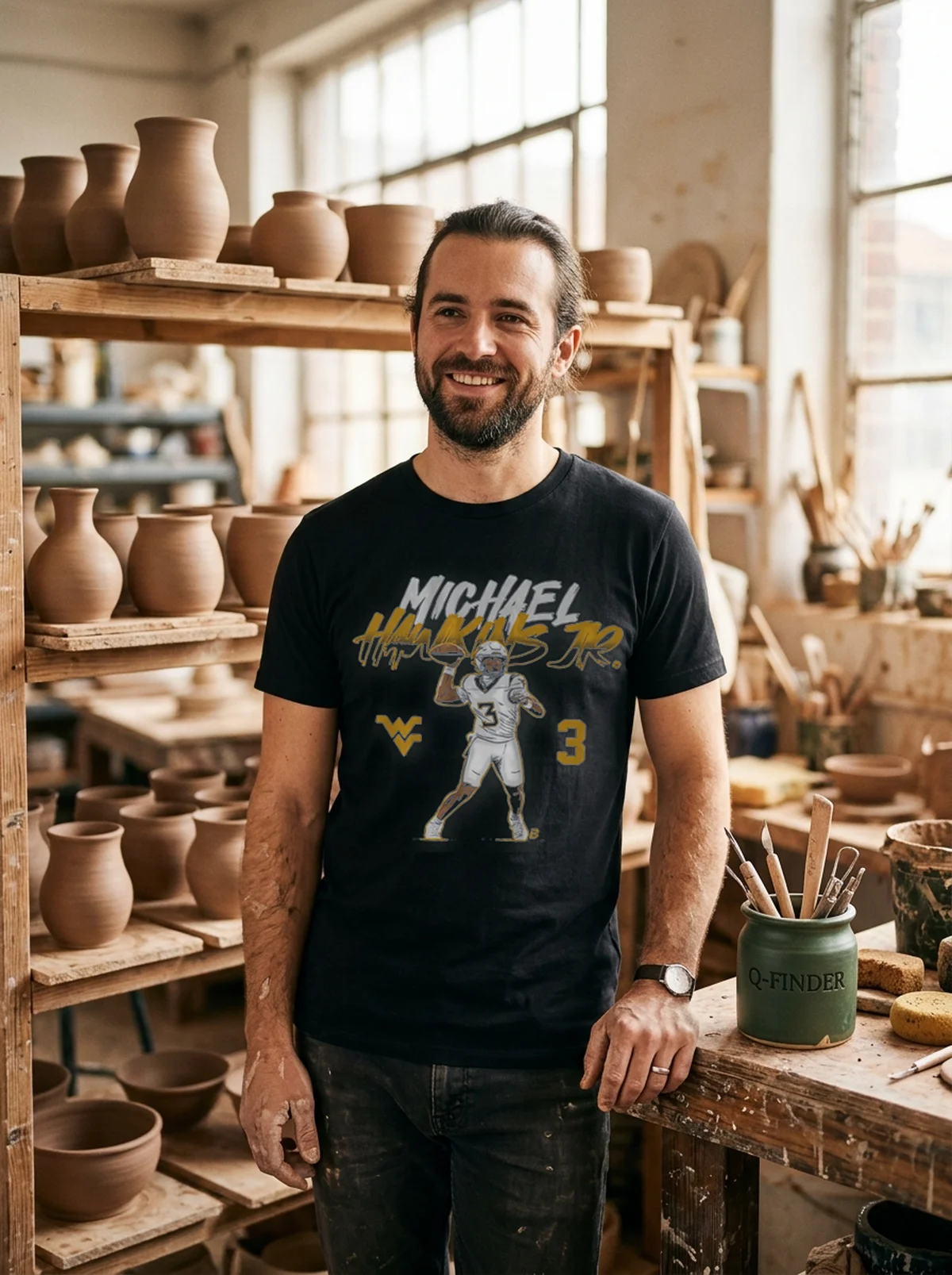 west virginia football michael hawkins jr name number pose black tshirt pottery studio west virginia football michael hawkins jr name number pose black tshirt pottery studio