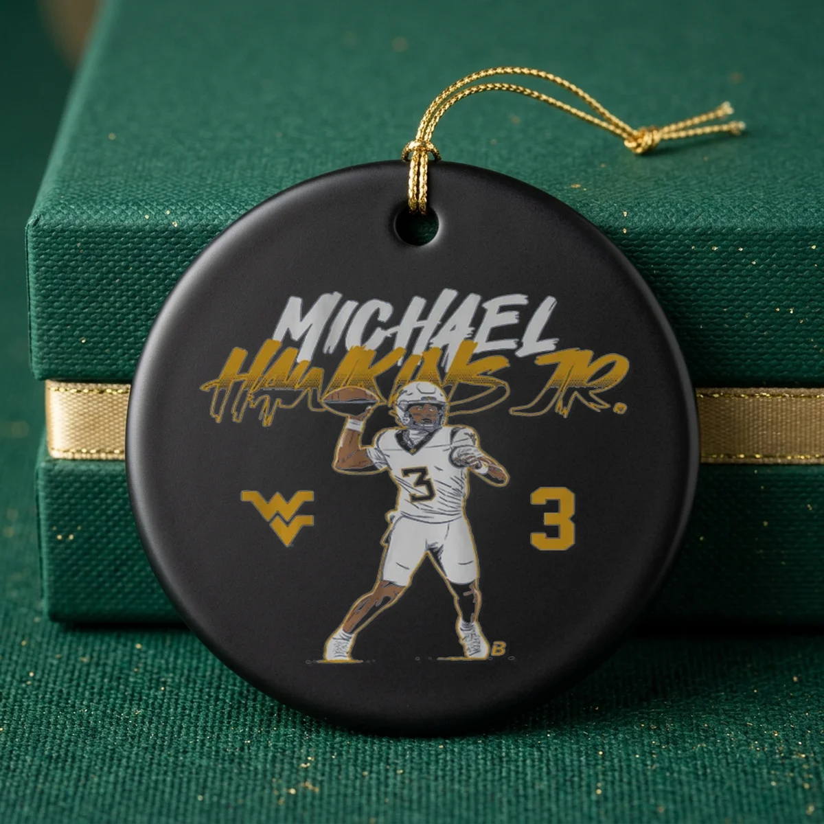 west virginia football michael hawkins jr name number pose ornament west virginia football michael hawkins jr name number pose ornament