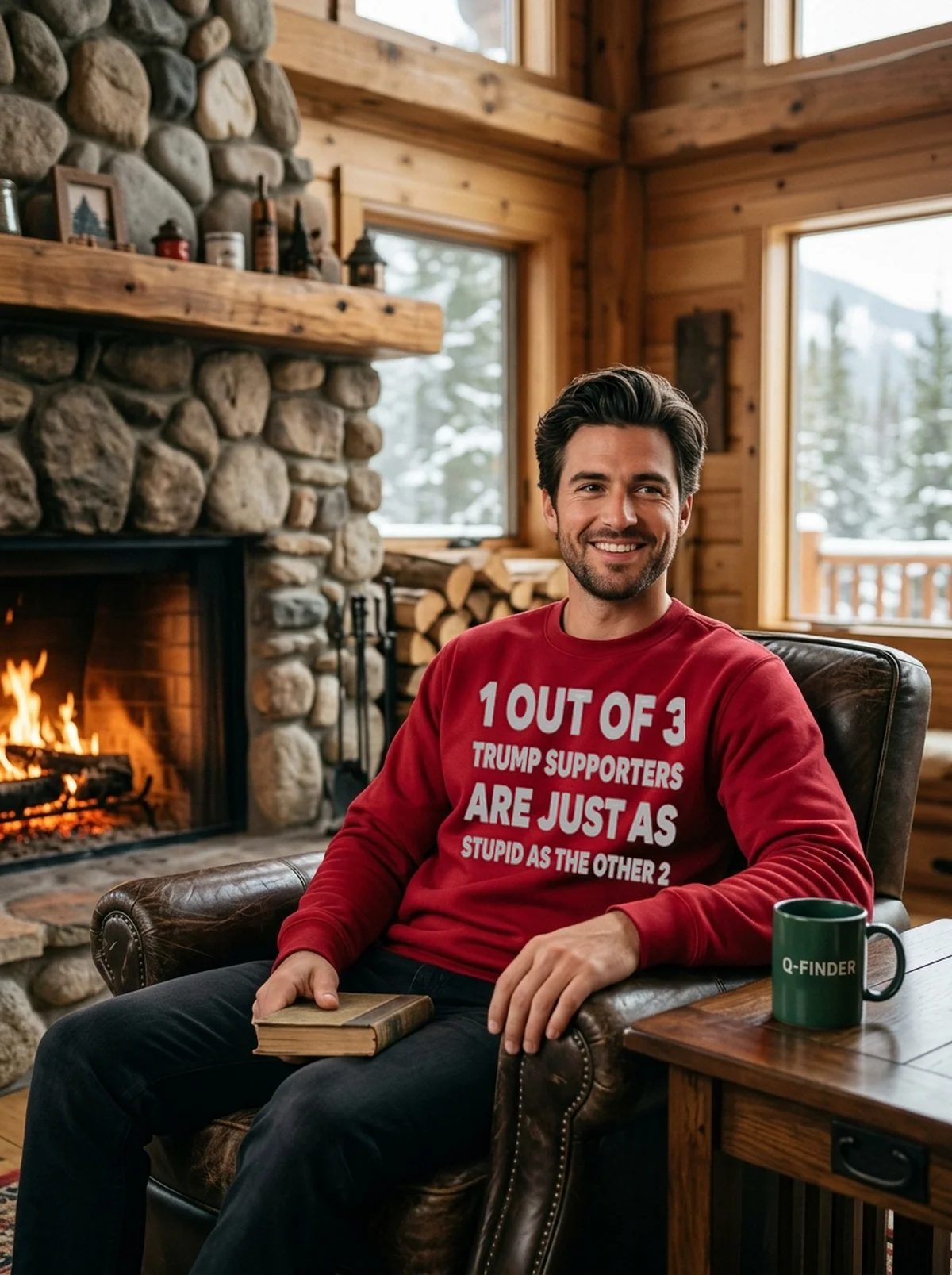 1 out of 3 trump supporters are just as stupid as the other 2 red sweatshirt cabin fireplace 1 out of 3 trump supporters are just as stupid as the other 2 red sweatshirt cabin fireplace