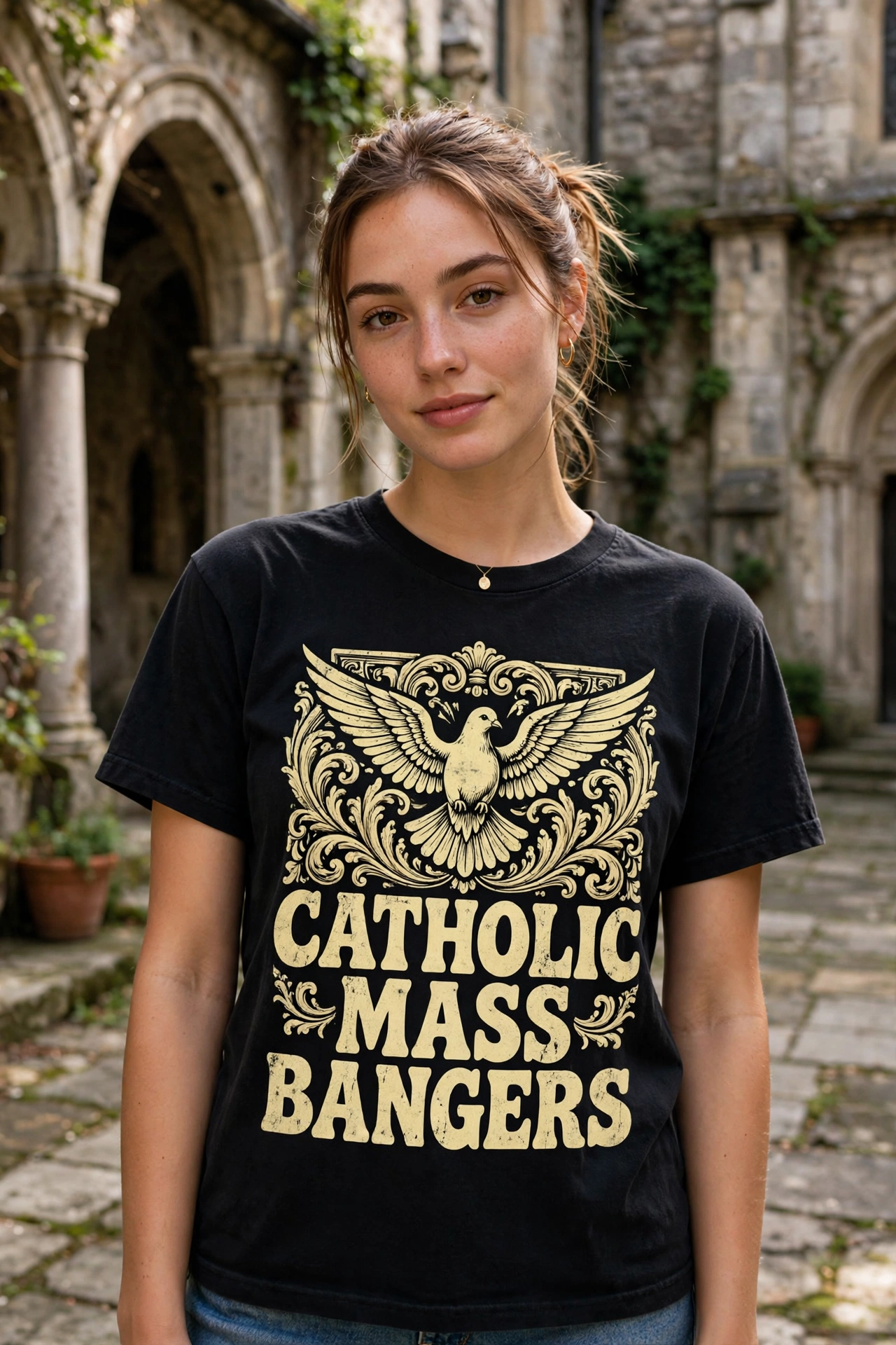 Young woman wearing a vintage-style black t-shirt with retro 'Catholic Mass Bangers' typography and a dove motif