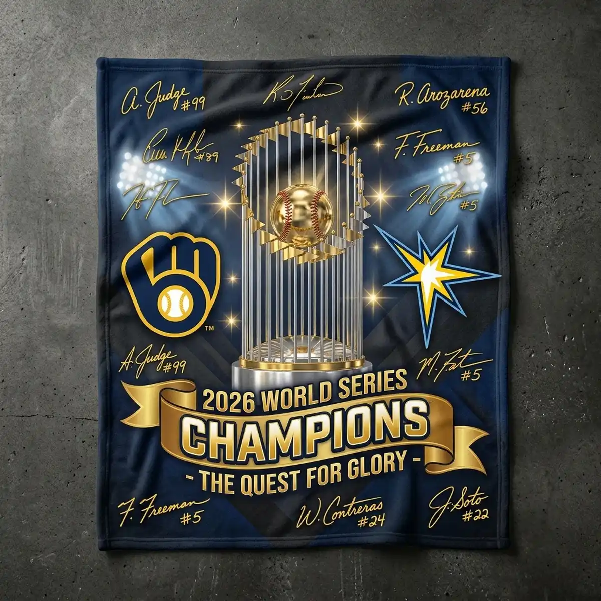 2026 world series the commissioner trophy clash dual franchise legends blanket 2026 World Series The Commissioner Trophy Clash Dual Franchise Legends Blanket - Lifestyle Model Mockup