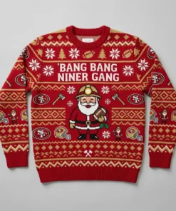 49ers Bang Bang Niner Gang Gold Rush Ugly Christmas Sweater - Front View Main Mockup