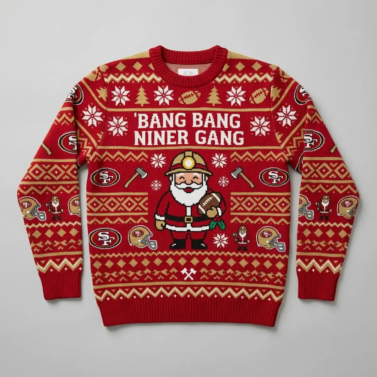 49ers bang bang niner gang gold rush ugly christmas sweater 1 49ers Bang Bang Niner Gang Gold Rush Ugly Christmas Sweater - Front View Main Mockup