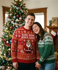 49ers Bang Bang Niner Gang Gold Rush Ugly Christmas Sweater - Lifestyle Model Mockup