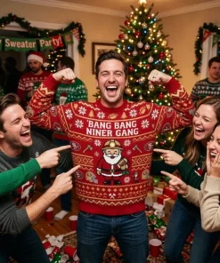 49ers Bang Bang Niner Gang Gold Rush Ugly Christmas Sweater - Close-up Graphic Detail Mockup