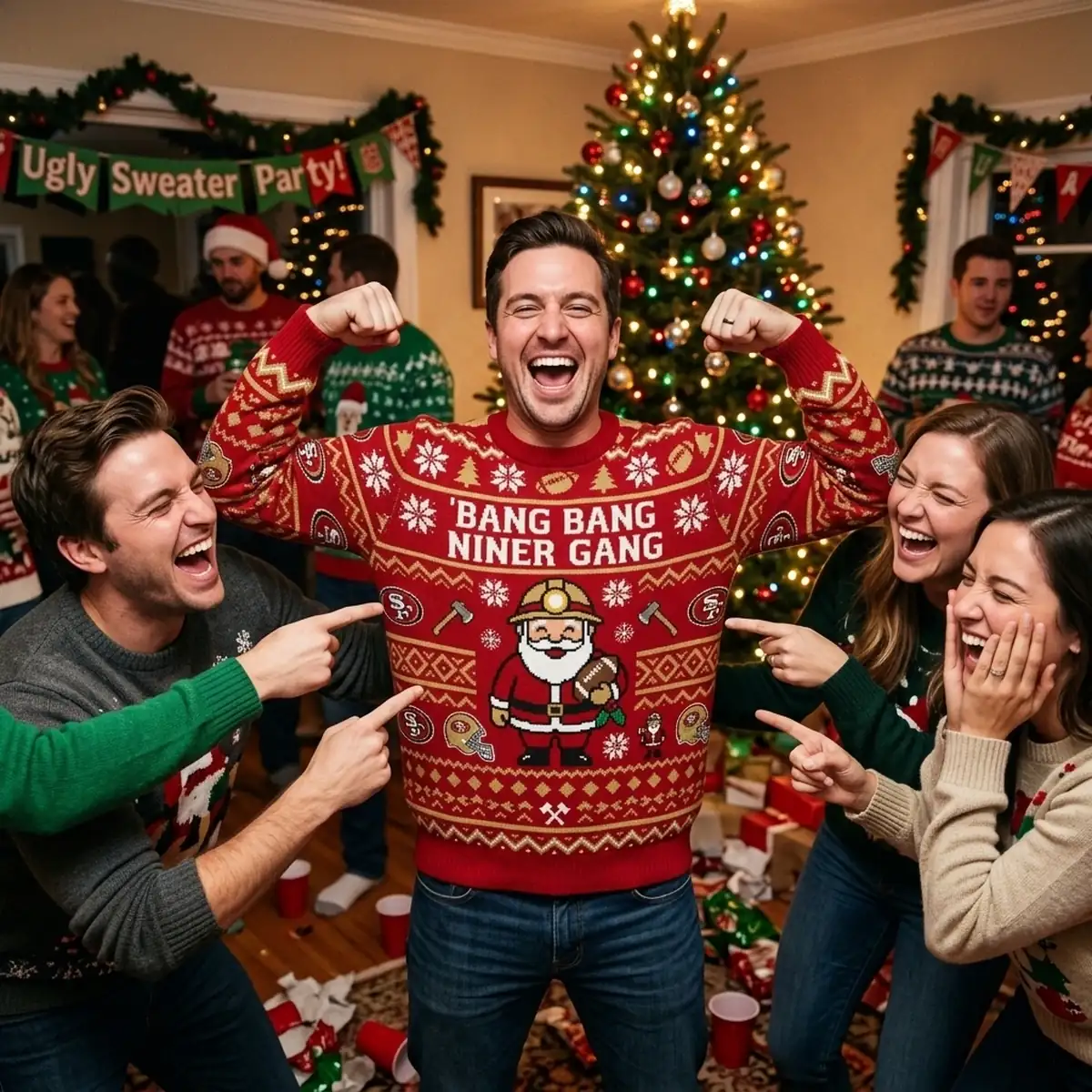 49ers bang bang niner gang gold rush ugly christmas sweater 3 49ers Bang Bang Niner Gang Gold Rush Ugly Christmas Sweater - Close-up Graphic Detail Mockup