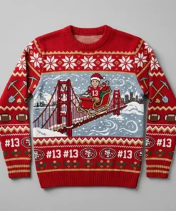 49ers Brock Purdy Sleigh Conductor Holiday Ugly Christmas Sweater - Front View Main Mockup